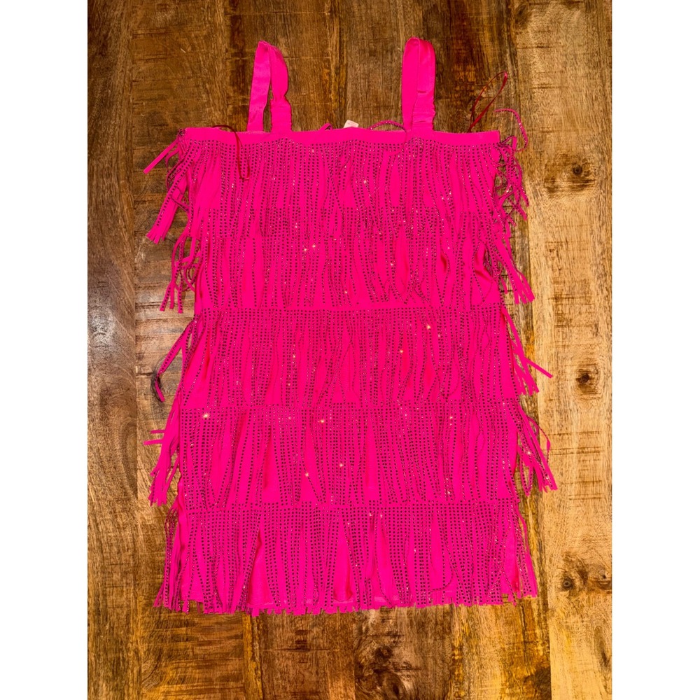 Allison + Kelly Girls Hot Pink Rhinestone Fringe Dance Dress Size 14 - Picture 4 of 7